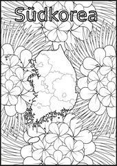 Schwarze und weiße Blume mit der Landkarte Südkorea in der Mitte. Muster für Erwachsene Färbung Buch. Doodle floral Zeichnung. Kunsttherapie Färbung Seite