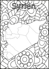 Schwarze und weiße Blume mit der Landkarte Syrien in der Mitte. Muster für Erwachsene Färbung Buch. Doodle floral Zeichnung. Kunsttherapie Färbung Seite