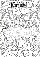 Schwarze und wei&szlig;e Blume mit der Landkarte T&uuml;rkei in der Mitte. Muster f&uuml;r Erwachsene F&auml;rbung Buch. Doodle floral Zeichnung. Kunsttherapie F&auml;rbung Seite
