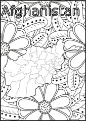 Schwarze und weiße Blume mit der Landkarte Afghanistan in der Mitte. Muster für Erwachsene Färbung Buch. Doodle floral Zeichnung. Kunsttherapie Färbung Seite