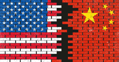 USA and China flags on the wall. A crack in the brick wall. Chinese and American flags side by side on brick wall. Gap between US and China. Vectörel grunge texture background.