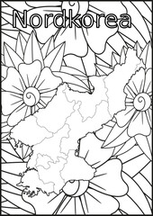Schwarze und weiße Blume mit der Landkarte Nordkorea in der Mitte. Muster für Erwachsene Färbung Buch. Doodle floral Zeichnung. Kunsttherapie Färbung Seite