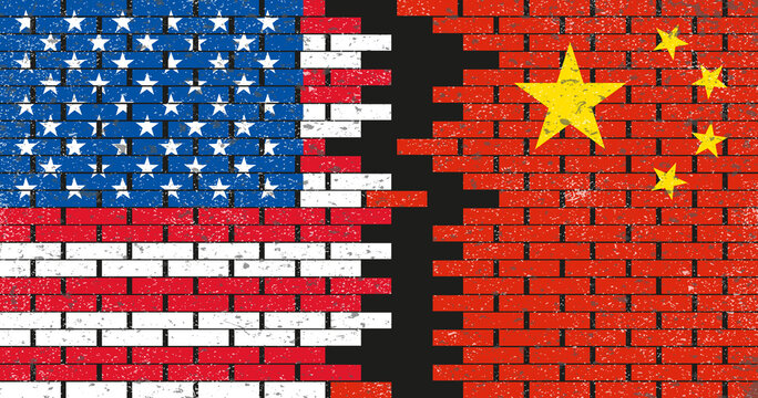 USA and China flags on the wall. A crack in the brick wall. Chinese and American flags side by side on brick wall. Gap between US and China. Vect&ouml;rel grunge texture background.