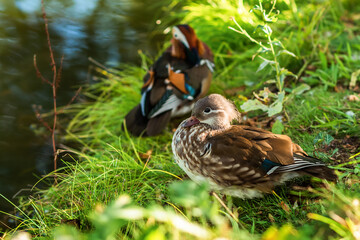 young mandarine ducks on the lake