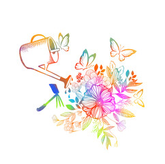Abstraction flowers and watering can. Mixed media. vector illustration