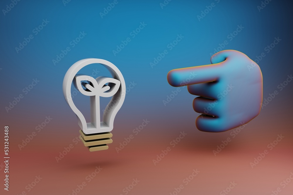 Leinwandbilder Beautiful illustrations abstract Hand index finger points to clean energy symbol icon on a multicolor bright background. 3d rendering illustration. Background pattern for design.