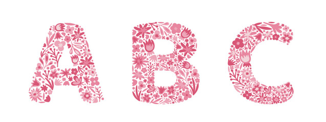 Floral letters A, B, C. Font of pink flowers. Alphabet. Doodle. Vector