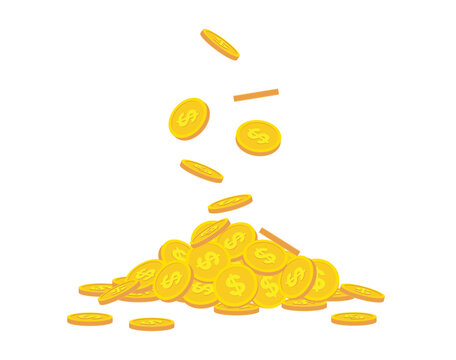Pile of Gold Coins. Dollar. Falling coin. Flat, isolated, vector
