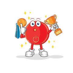 power button winner with trophie. cartoon character