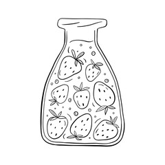 The glass jar of strawberry cocktail. Summer tropical drink with fresh fruits. Hand drawn black outline illustration in vector doodle style. Ideal for print, coloring book, t shirt design, sticker.