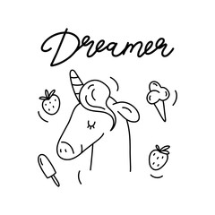Printable coloring page for children with outline unicorn, ice cream and lettering. Line art design for antistress colouring book. Hand drawn black and white illustration in vector doodle style