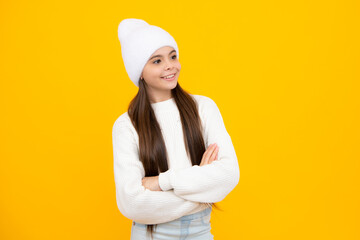 Teenager kid crossed arms with confidence isolated on yellow. Confident teen child girl crossed hands.