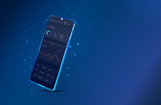 Online statistic, data Analytics and finance and trading mobile app. Smartphone app and UI, UX, KIT presentation mobile application. Analysis trends and financial strategy. Vector illustration