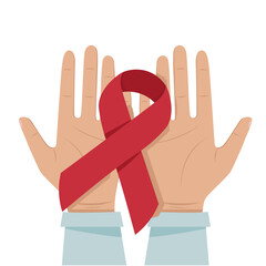 Fototapeta premium Hands hold a symbolic ribbon of the fight against AIDS. Isolated on white background in flat style