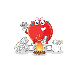 power button roasting marshmallows. cartoon mascot vector