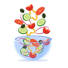 Salad in a glass plate. Vegetables fall into a plate to the salad isolated on a white background. flat style