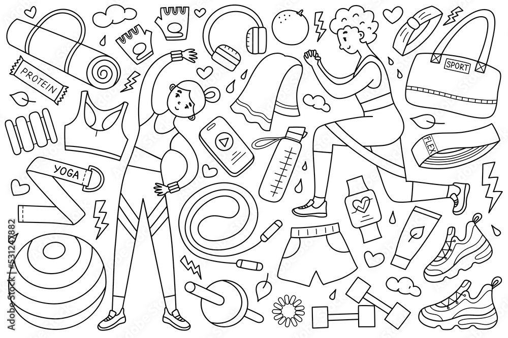 Wall mural Sport accessories doodle icons, women in sport outfit training, collection of fitness equipment, vector illustrations of mat, dummbells, sportswear, isolated outline clipart on white background