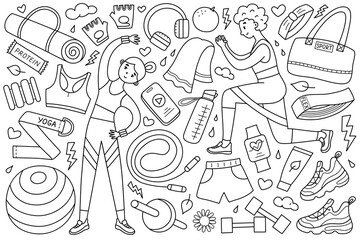 Sport accessories doodle icons, women in sport outfit training, collection of fitness equipment, vector illustrations of mat, dummbells, sportswear, isolated outline clipart on white background