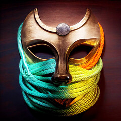 Akuma (Devil) Samurai Mask red and black metal, wood  and bone isolated on a gradient background