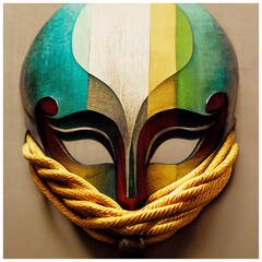 Tenshi (Angel) Samurai Mask art multi color on isolated background, metal , wood.