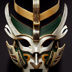 Tenshi (Angel) Samurai Mask art multi color on isolated background, metal , wood.