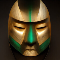 Tenshi (Angel) Samurai Mask art multi color on isolated background, metal , wood.