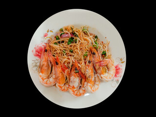 Rice Vermicelli Noodles shrimp Spicy Salad on black background with clipping path