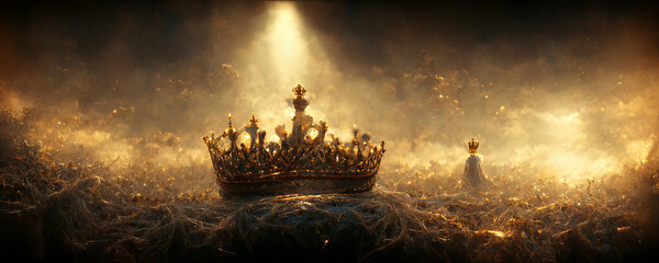 Fototapeta Golden royal crown on ground. Fallen queen and king. Epic and sad concept art illustration. obraz