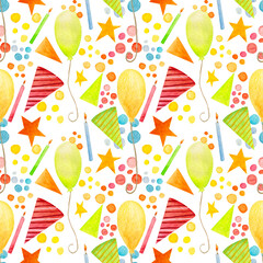 Watercolor birthday bright pattern, balloons, hat, candles, stars and dots on a white background for various products.