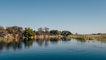 Fototapeta na wymiar Blick vom Boot aus in Richtung Uferlandschaft (Kwando Fluss, Caprivi, Namibia)