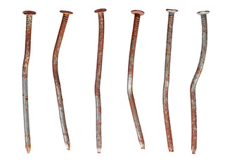 Old rusty nails used and warped, isolated on transparent background