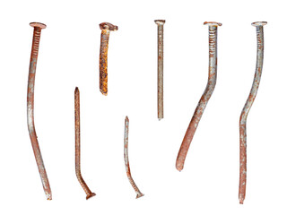 Old and warped nails corroded, used and oxidized, isolated on transparent background