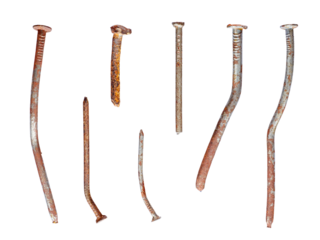 Old and warped nails corroded, used and oxidized, isolated on transparent background