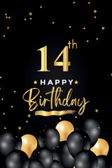 Happy 14th birthday with black and gold balloon, star, grunge brush on black background. Premium design for poster, birthday celebrations, birthday card, banner, greetings card, ceremony.