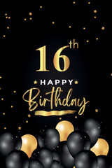 Happy 16th birthday with black and gold balloon, star, grunge brush on black background. Premium design for poster, birthday celebrations, birthday card, banner, greetings card, ceremony.