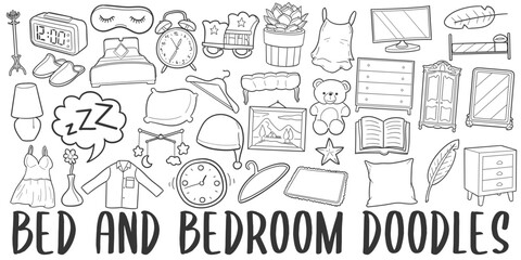 Bedroom Doodle Banner Icon. Sleeping Vector Illustration Hand Drawn Art. Line Symbols Sketch Background.