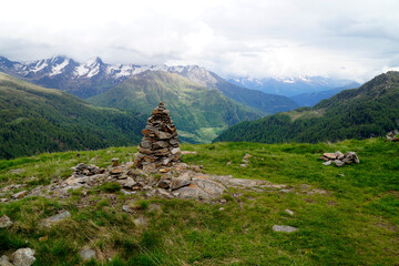 Scenic mountain pass Timmelsjoch connecting Oetztal valley in Austrian state of Tyrol to the...