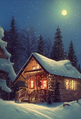 Naklejka premium Cabin in the snow. Christmas days 