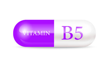 Capsule vitamin B5 (Thiamine) 3D Vector Illustration. Structure purple, white. Vitamin complex with chemical formula. Drug business concept. Personal care, beauty concept. transparent capsule pill.