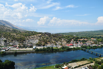 Fototapeta na wymiar view of the surroundings of the city of Shkoder in Albania and the Buna River from the height of the Rosafa fortress
