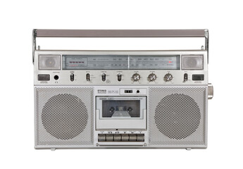 Old portable cassette stereo boombox isolated.