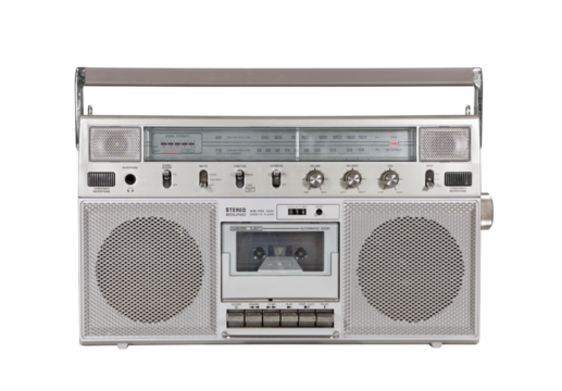 Old portable cassette stereo boombox isolated.