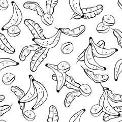 Tropical seamless pattern with outline bananas and leaves. Black and white color. Ideal for fabric, textile, prints, scrapbooking, wrapping paper, invitation and party decoration