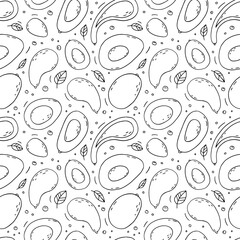 Seamless pattern with black outline avocado and leaves. Monochrome color. Ideal for coloring page, fabric, textile, prints, scrapbooking, wrapping paper, invitation and party decoration
