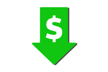 White Dollar rate decrease icon isolated on green background. Money symbol with down arrow. Business lost crisis decrease. Long shadow style. Cost reduction. transparent background.
