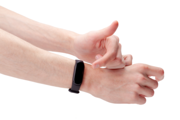 Man wearing, using a smart band, smartwatch, fitness sport activity tracker watch accessory pointing at the empty blank touch screen display with his finger, hands, gesture isolated on white, cut out