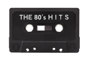 The 80s hits, old vintage 80's audio, hit songs compilation, retro mixtape, black tape audio cassette object isolated on white, cut out. Eighties music, old hits simple abstract concept, mix tape