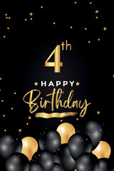 Happy 4th birthday with black and gold balloon, star, grunge brush on black background. Premium design for poster, birthday celebrations, birthday card, banner, greetings card, ceremony.