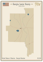 Map of an old playing card of Lanier county in Georgia, USA.