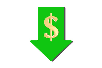 Fototapeta premium Gold Dollar rate decrease icon isolated on green background. Business lost crisis decrease. Long shadow style. Cost reduction. transparent background. Gold Money symbol with down arrow.
